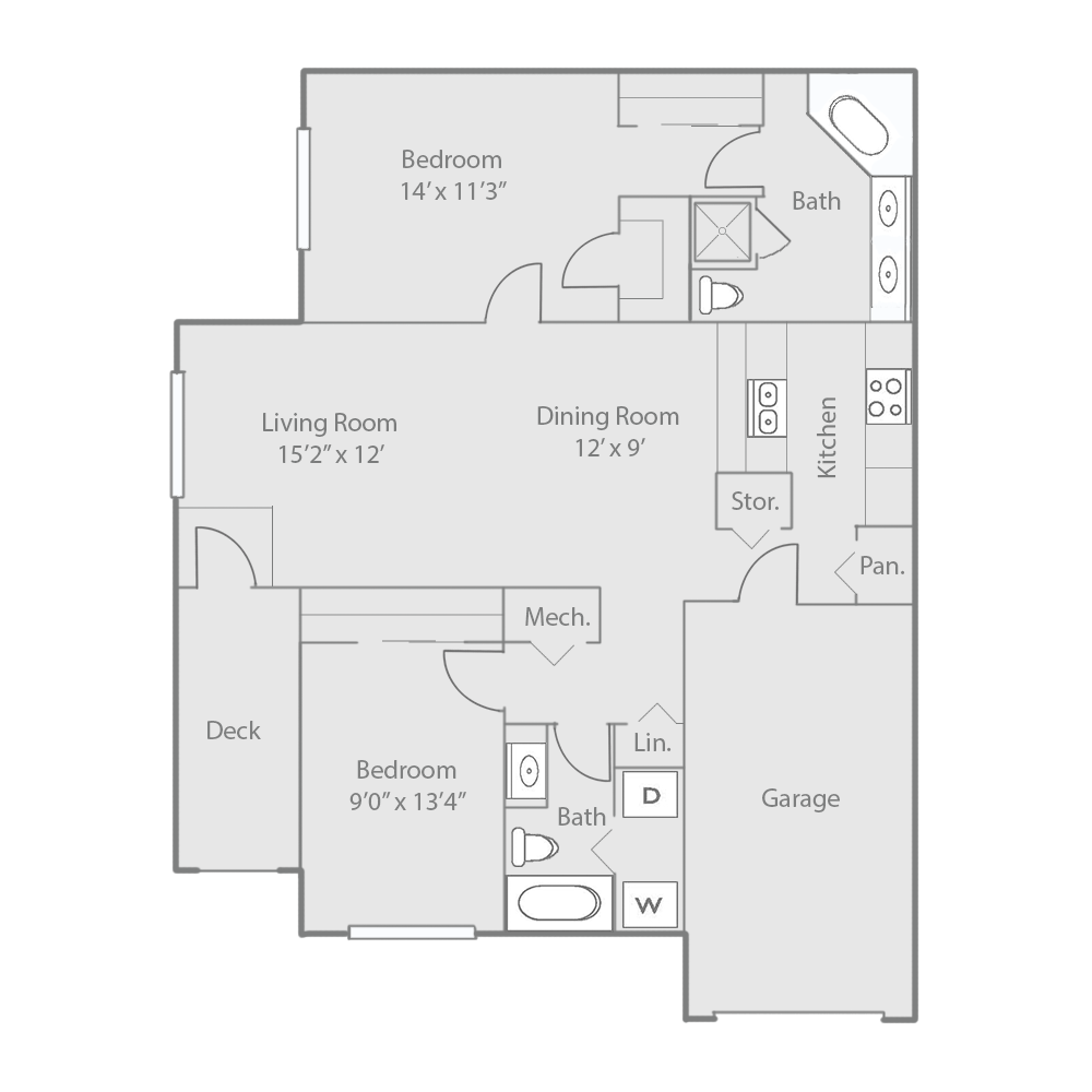 Floor plan for 2 beds, 2 baths, 1340 sqft